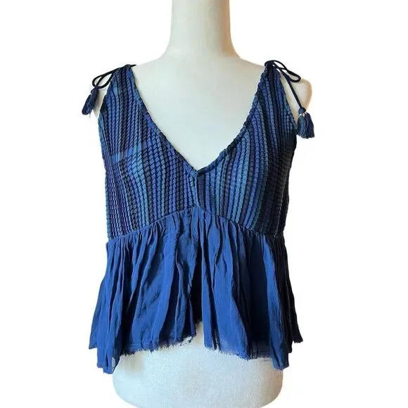 Akemi + Kin Anthropologie Women's XS Blue Pleated Tassel Tank Top Sleeveless - Picture 1 of 7